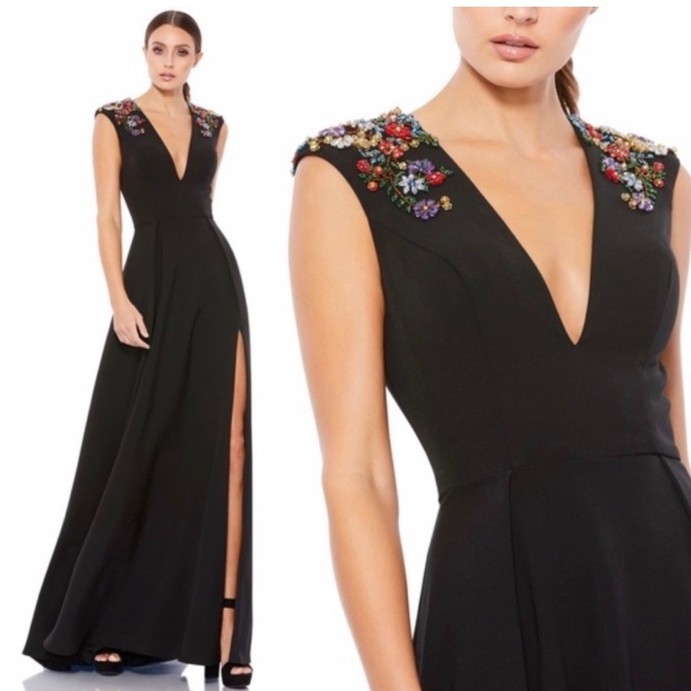 Mac Duggal Black Maxi Gown with Multicolor Beaded Shoulders